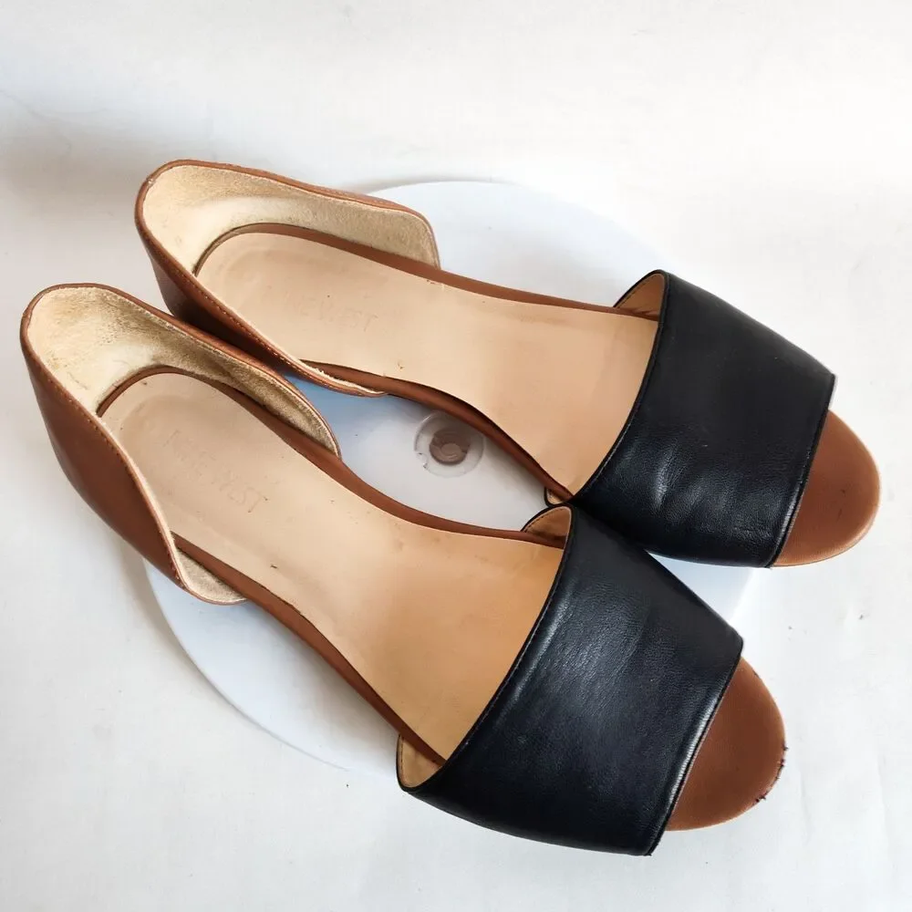 Nine West Tan Black Faux Leather Open Toe Slip On D'Orsay Flats Size 8M‎ Vegan